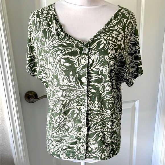 Tahari Green Floral Knit 100% Linen Short Sleeve Button Up Top NWOT Sz M - Picture 1 of 7